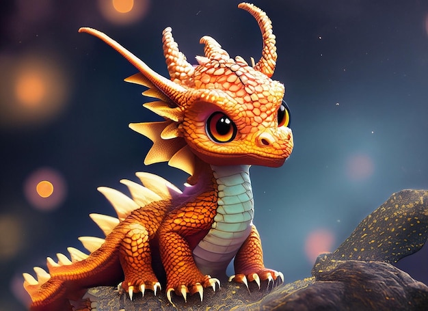 A cute adorable baby dragon stands in nature by night with light in the style of childrenfriendly cartoon animation fantasy 3D style Illustration created by AI