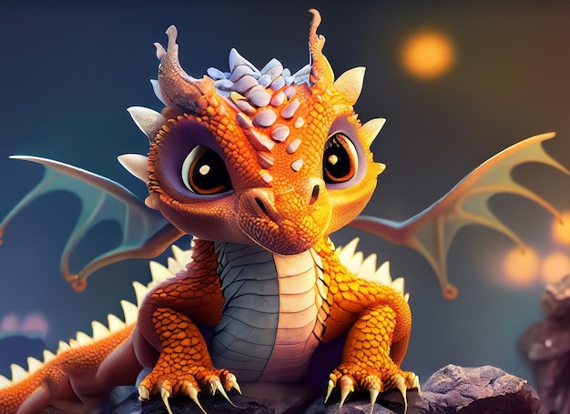 A cute adorable baby dragon stands in nature by night with light in the style of childrenfriendly cartoon animation fantasy 3D style Illustration created by AI