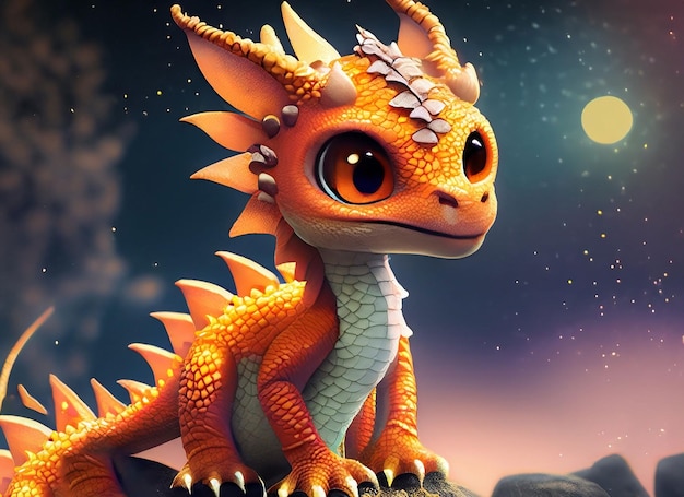 A cute adorable baby dragon stands in nature by night with light in the style of childrenfriendly cartoon animation fantasy 3D style Illustration created by AI