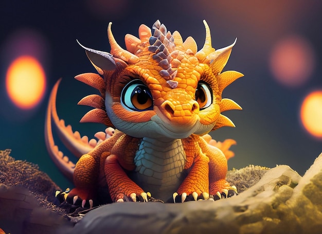 A cute adorable baby dragon stands in nature by night with light in the style of childrenfriendly cartoon animation fantasy 3D style Illustration created by AI