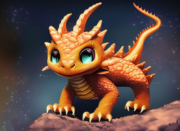 A cute adorable baby dragon stands in nature by night with light in the style of childrenfriendly cartoon animation fantasy 3D style Illustration created by AI