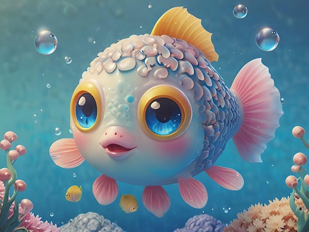 A cute adorable baby fish in the style of childrenfriendly cartoon animation fantasy style