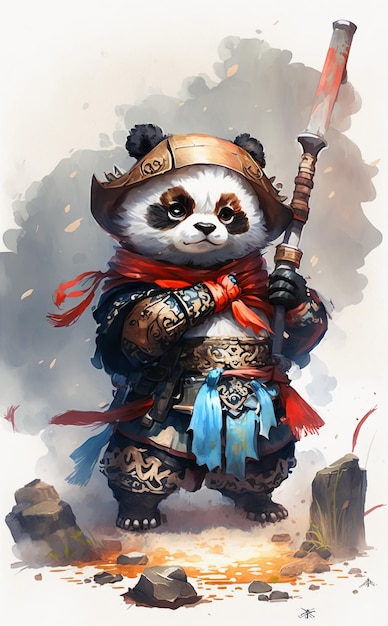 Cute adorable baby panda samurai looking at camera watercolor