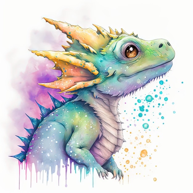 Cute adorable cartoon dragon in water color style