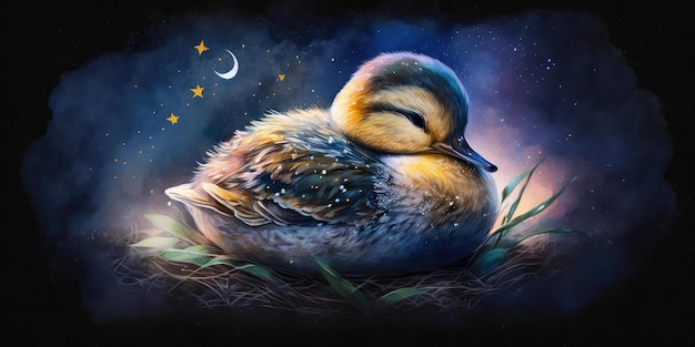 A cute and adorable ducking is sleeping under night sky between stars pillow