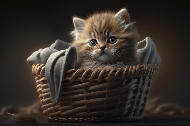 Cute Adorable kitten Cat Realistic Portrait in a Basket Domestic Pet Generative AI