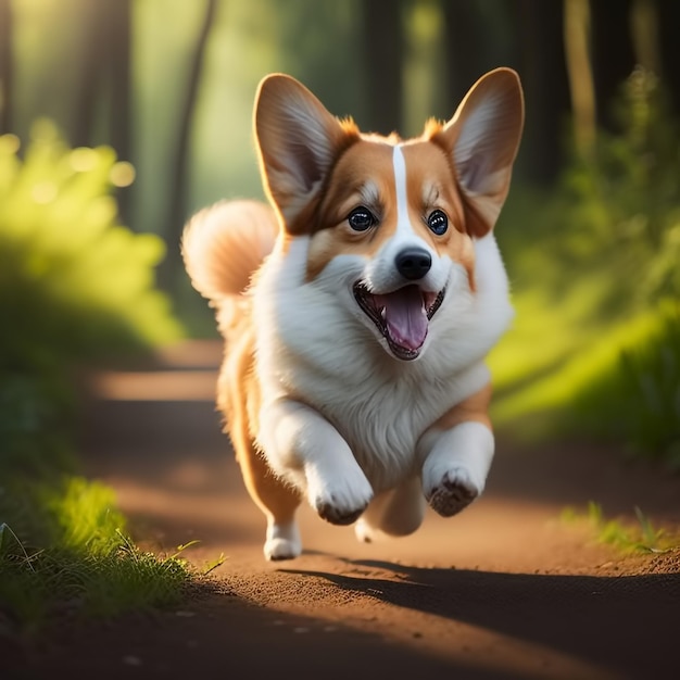 Cute and adorable little corgi running through the sunny forest Generative AI