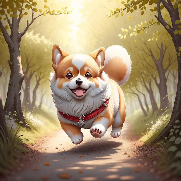 Cute and adorable little corgi running through the sunny forest Generative AI