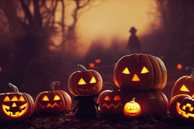 Cute adorable little jack o' lantern monster with other pumpkins 3d illustration