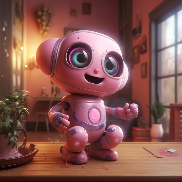 cute adorable little pink robot waving and smiling