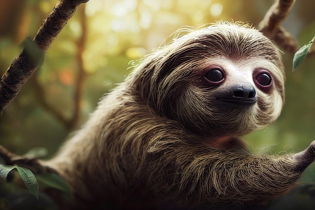 Cute adorable sloth closeup on the tree 3d illustration