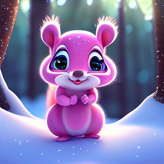 cute adorable two baby squirrels dancing in the snow in the forest rendered in the style of animated