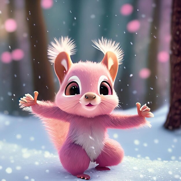 cute adorable two baby squirrels dancing in the snow in the forest rendered in the style of animated