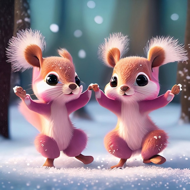 cute adorable two baby squirrels dancing in the snow in the forest rendered in the style of animated