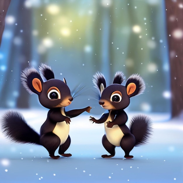 cute adorable two baby squirrels dancing in the snow in the forest rendered in the style of animated