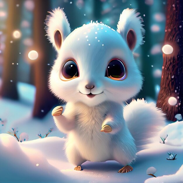 cute adorable two baby squirrels dancing in the snow in the forest rendered in the style of animated