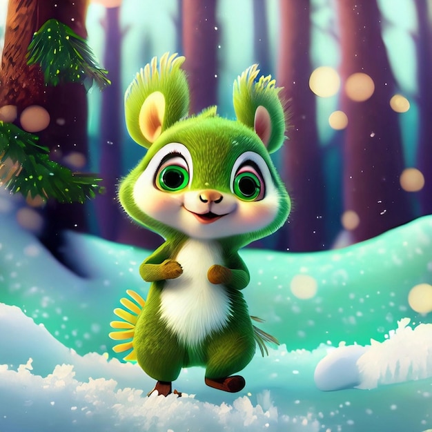 cute adorable two baby squirrels dancing in the snow in the forest rendered in the style of animated