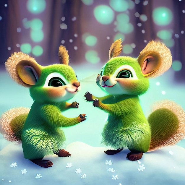 cute adorable two baby squirrels dancing in the snow in the forest rendered in the style of animated