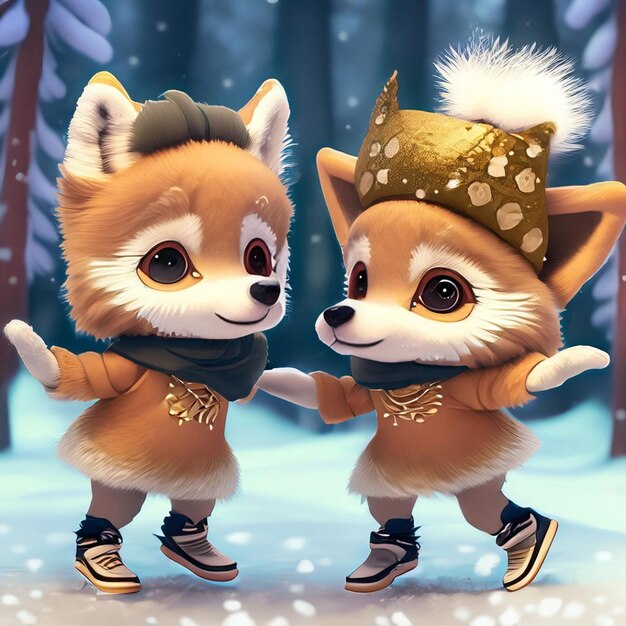 cute adorable two baby squirrels dancing in the snow in the forest rendered in the style of animated