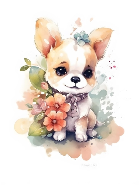 Cute Adorable Watercolor Puppy with Tender Flowers Creative Illustration Generative Ai