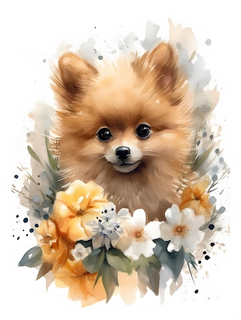 Cute Adorable Watercolor Puppy with Tender Flowers Creative Illustration Generative Ai