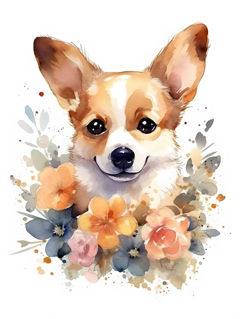 Cute Adorable Watercolor Puppy with Tender Flowers Creative Illustration Generative Ai