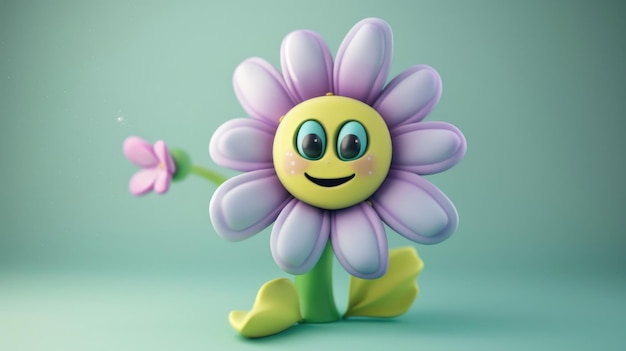 Photo cute adorable whimsical 3d cartoon flower character in a vibrant natural green environment children