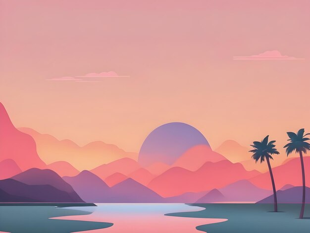 Cute Aesthetic Sunset Over Mountains and Palm Trees