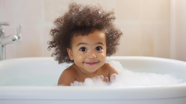 A cute African American baby bathes in a bath Generative AI