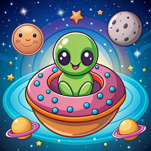 Cute Alien In Doughnut Space Cartoon Vector Icons Illustration Flat Cartoon Concept Suitable for any creative project