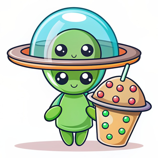 Photo cute alien drinking boba milk tea with ufo cartoon vector icon illustration science drink icon concept isolated premiumvector flat cartoon style