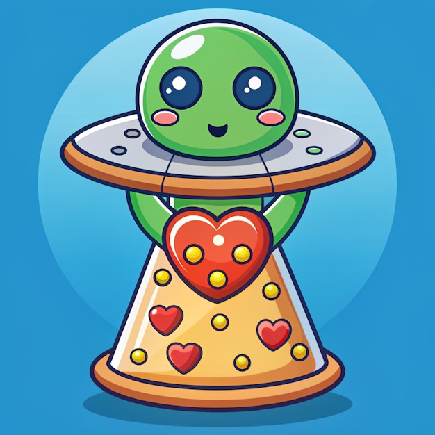 Photo cute alien eating pizza in ufo spaceship cartoon vector icon illustration science food icon concept isolated premium vector flat cartoon style