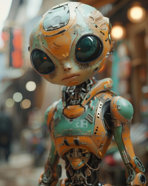 A cute alien figure with big eyes in futuristic attire with blurred background