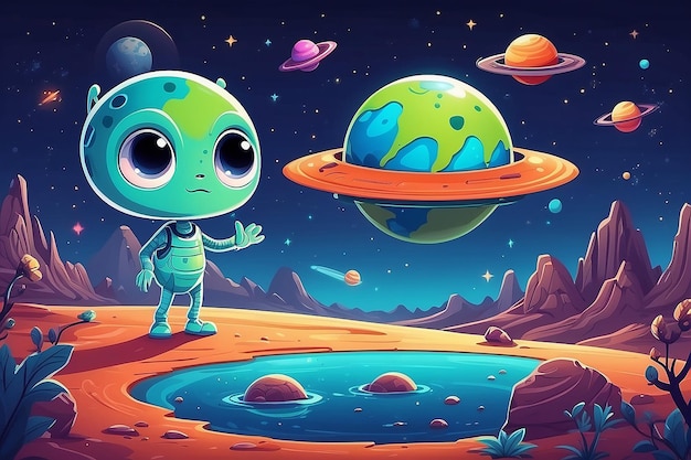 Cute Alien Landing on Planet with UFO and Planet Space Vector Illustration Flat Cartoon Style Suitable for Web Landing Page Banner Flyer Sticker Wallpaper Card Background