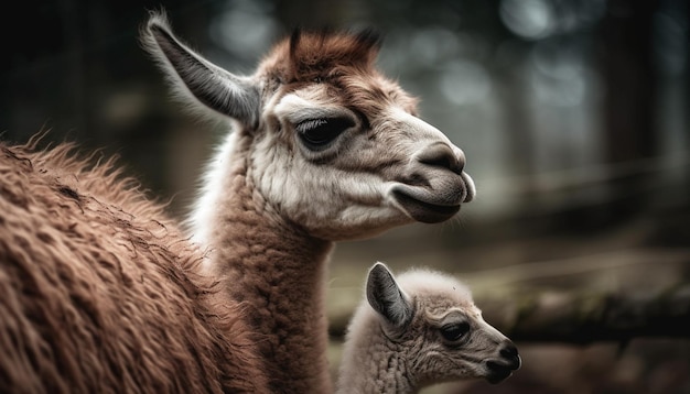 Cute alpaca grazing in green meadow looking at camera generated by AI