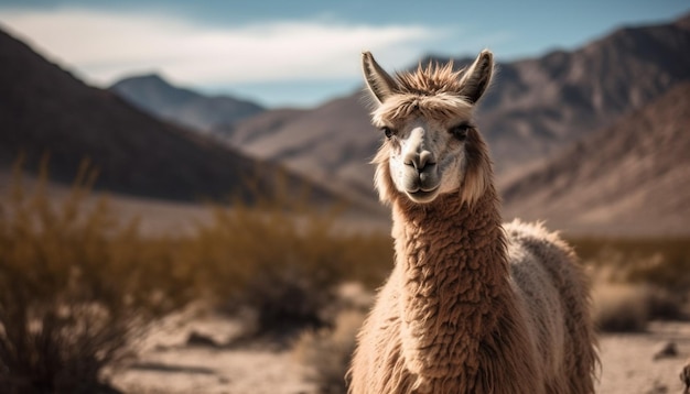 Cute alpaca grazing on rural mountain pasture generated by AI