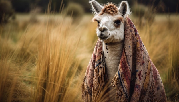 Cute alpaca looking at camera in meadow generated by AI