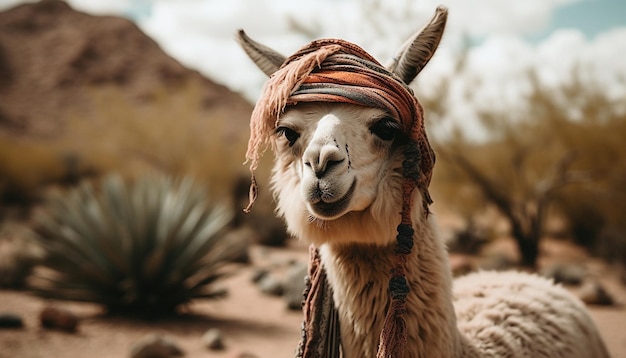 Cute alpaca smiles for the camera in nature generated by AI