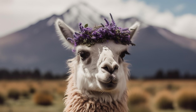 Cute alpaca smiling grazing on mountain meadow generated by AI