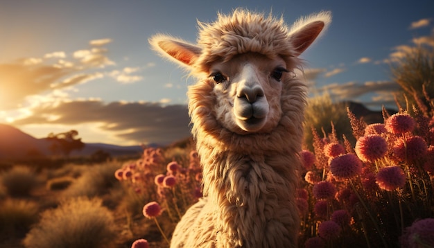 Cute alpaca smiling looking at camera in beautiful rural landscape generated by artificial intellingence