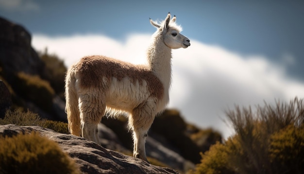 Cute alpaca standing in mountain pasture grazing generated by AI