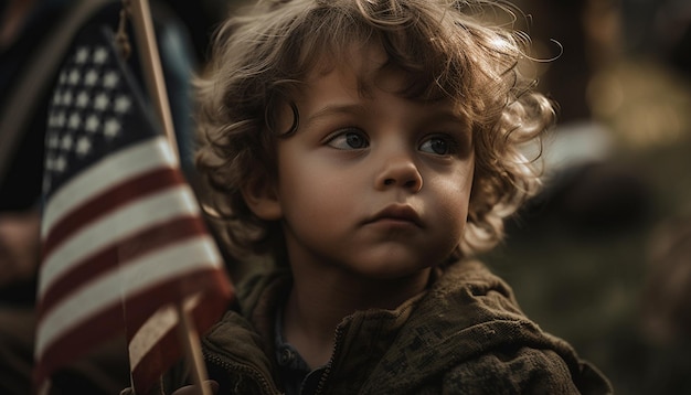 Cute American child smiles holding flag outdoors generated by AI