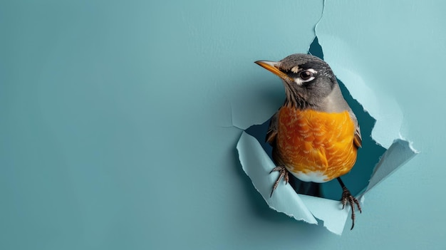 cute american robin peeking through a hole