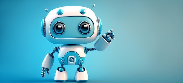 Cute android robot pointing fingers at copy space on light blue background Generative AI