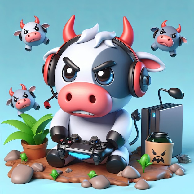 Photo cute angry cow gaming cartoon 3d