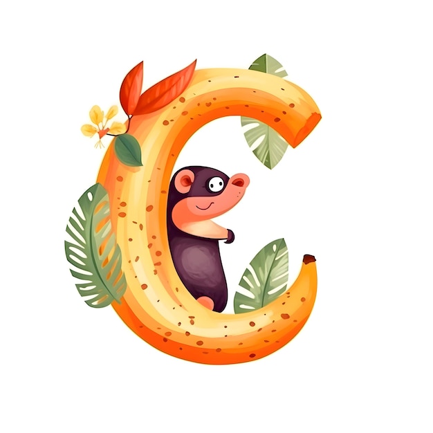 Cute animal alphabet letter G with banana and tropical leaves vector Illustration