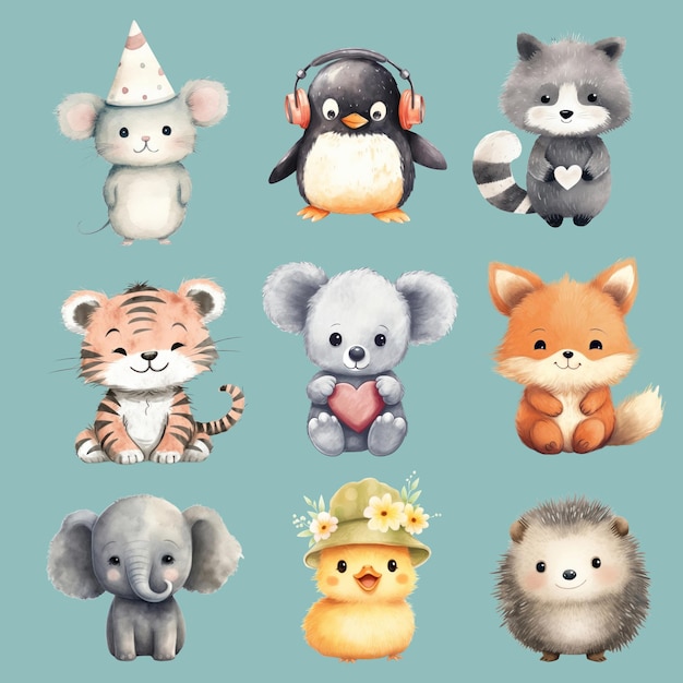 Photo cute animal character illustration element set