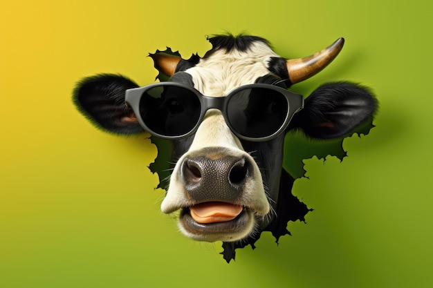 Photo cute animal cool cow in sunglasses on a banner in a hole in a torn sheet copy space vet advertising