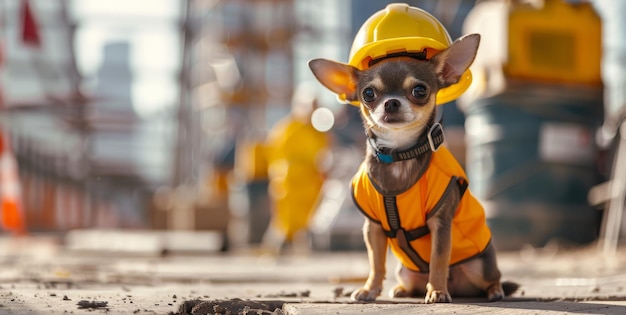 An cute animal dressed as a builder at a construction site with safety helmet