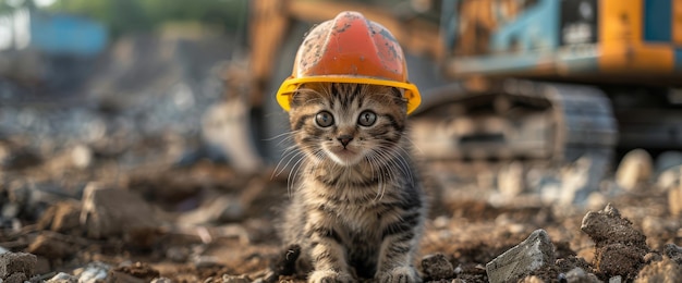 An cute animal dressed as a builder at a construction site with safety helmet